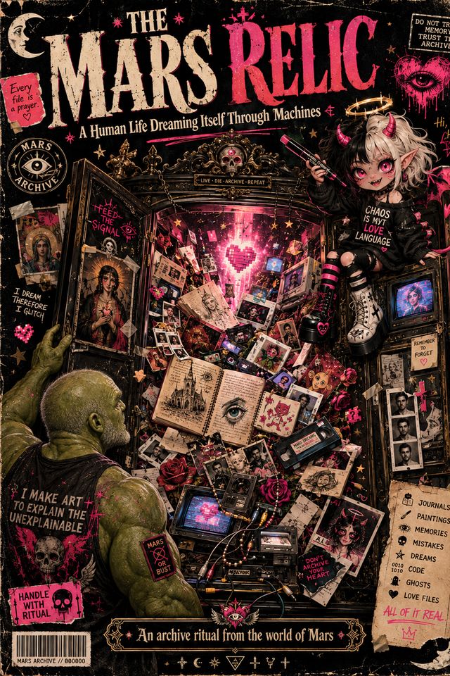 A worn magazine-style cover titled The Mars Relic, subtitled A Human Life Dreaming Itself Through Machines. A bald, green-skinned, heavily muscled man, Mars's self-portrait figure, seen from behind, pulls open the doors of an ornate black cabinet. Inside, a glowing pixel heart floats above a heap of photographs, sketchbooks, VHS tapes, small televisions and roses. Chip, a small horned girl with black and white hair, sits on top of the cabinet holding a marker. A torn note at the lower right lists journals, paintings, memories, mistakes, dreams, code, ghosts and love files, ending: all of it real.