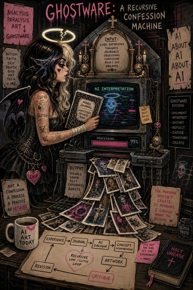 A painted, gothic altar built around an old computer monitor reading AI Interpretation, with a progress bar at ninety-nine percent. Chip, shown here as a dark-haired woman with bat wings and a cracked halo, feeds a composition notebook labelled Mars Journal into it, and a stream of printed images spills out below. Hand-lettered signs list the inputs, such as lived experience, journals and dreams, and the outputs, such as visuals, sound and ghosts. On the desk, a sketched loop diagram runs from experience to journal, AI dialogue, interpretation, artwork, critique and revision, then back to experience.