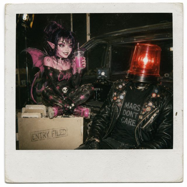 A worn instant photograph with a wide white border. At night in a cluttered garage, Chip, a pink-skinned girl with bat wings, a tail and a shirt reading Chip, sits cross-legged on a cardboard file box stamped Entry Filed, smiling and holding a pink drink. Beside her sits Wack, a figure in a studded leather jacket whose head is a glowing red emergency light. His T-shirt reads Mars Don't Care.