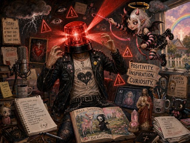 A painted, cluttered room. At the centre, Wack, a man in a studded leather jacket and a T-shirt reading Still Holding the Line, has a glowing red emergency light for a head, beaming red light across the room, his hands raised. Chip, a small horned girl with black and white hair, floats beside him and pulls a pink ribbon from the light like a cupid. Warning triangles, staring eyes and storm clouds fill the wall behind, among notes that read Today: hold the line, trust God, make art, don't spiral. Around him: a microphone, a journal brain dump listing anxieties, a picture book open to Make Something Beautiful, a statue of Jesus, mugs, and a window looking out on a rainbow and a cross.