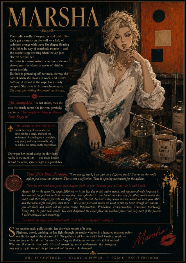 A dark poster headed MARSHA in gold capitals. Marsha, a blonde woman in a paint-stained white shirt, sits in a painter's studio beside an orange canvas with three flat shapes. Text panels quote Mars's August journal back to him, beginning “I am not off track, I am just on a different track.” Along the foot: “Art is control. Story is power. Execution is freedom.”