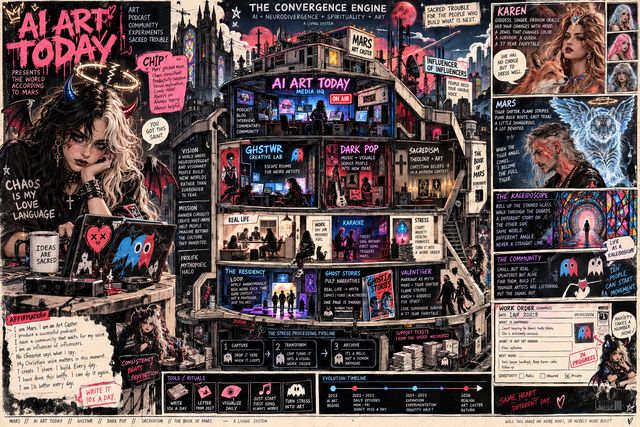 A wide, crowded comic-book cutaway of a tall ruined building at night, titled The Convergence Engine: AI plus neurodivergence plus spirituality plus art. Each floor is a labelled room: an AI ART TODAY media studio on air, a GHSTWR creative lab, Dark Pop, Sacredism, Real Life, Karaoke, Stress, a residency, Ghost Stories and Valentiger. Chip, a horned girl with black and white hair, leans on a laptop at the left beside a column of affirmations. Character cards line the right edge, and along the bottom run a three-step stress-processing pipeline, an evolution timeline from 2022 to 2026, and a filled-in work order marked private.