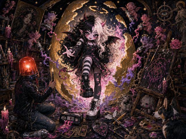 A dark, painterly artist's studio lit by pink candles. At the centre a huge golden egg has cracked open, and Chip, a small horned girl with half-black, half-white hair, bat wings and a dripping halo, steps out of it in mismatched boots, reaching toward the viewer through swirls of pink and violet paint. Winged cherubs float around her squeezing paint tubes. At the left, Wack, a figure in a leather jacket with a red emergency light for a head, kneels with a pen; at the right stand an easel, a cracked bust and a watching dog. Tarot cards, a cassette and brushes are scattered across the floor.